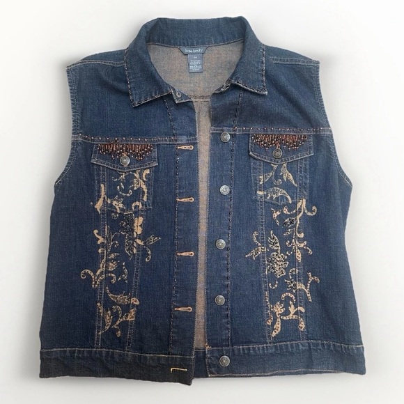Vintage 90s/y2k Denim Western Button Vest Beading Dark Wash Pockets Medium EUC - Picture 1 of 6